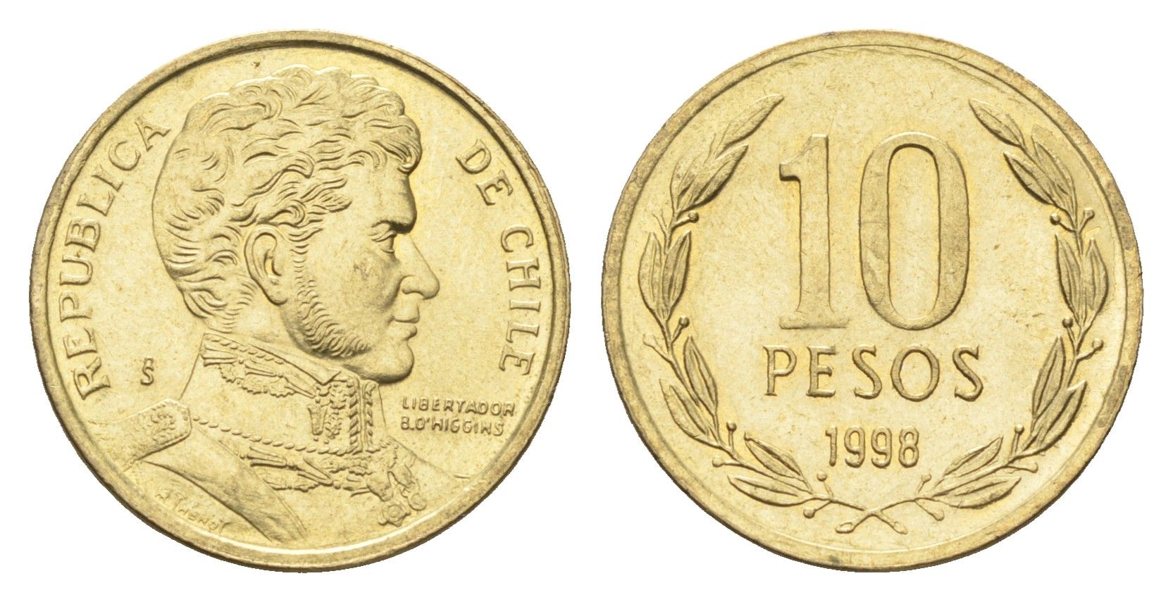 Чили 10 песо 1998 KM 228 никель латунь UNC 4664-432