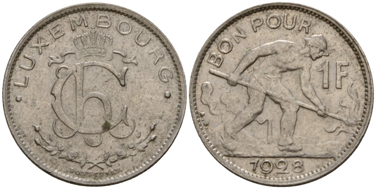 Люксембург 1 франк 1928 сталевар, Шарлотта (1918-1964) KM 35 никель 4603-1053