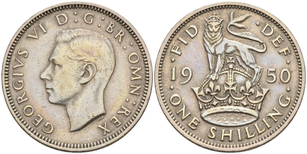 Великобритания 1 шиллинг 1950 Георг VI (1936-1952), Английский шиллинг KM 863, Spink 4103 медно-никель 4153-856