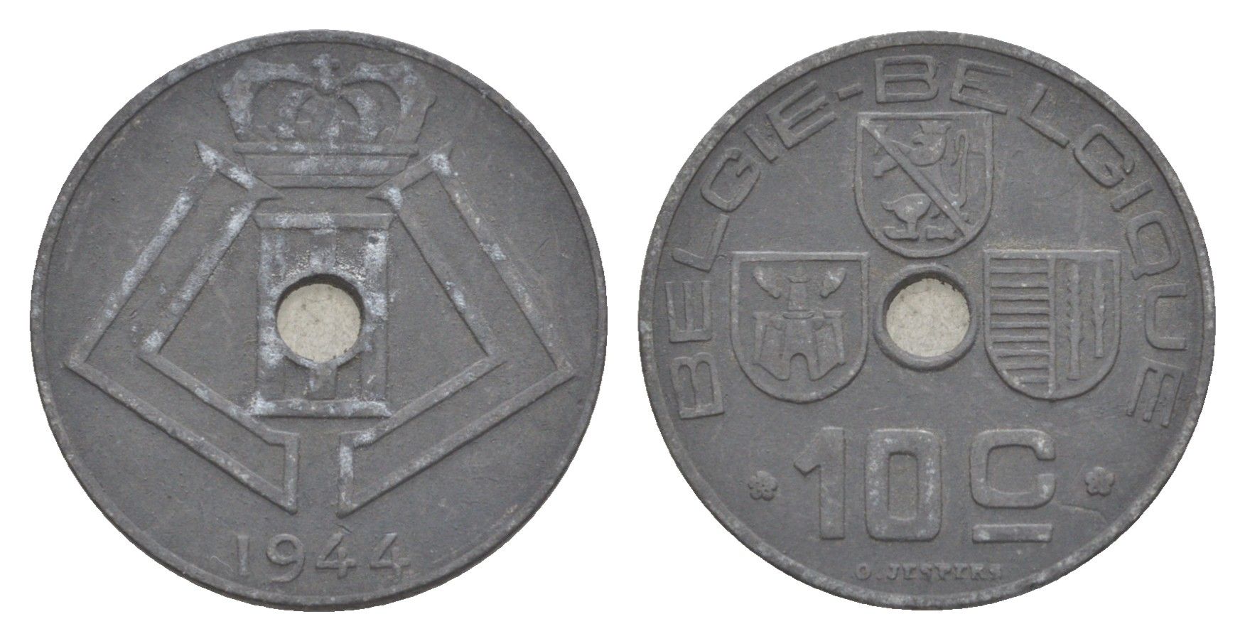 Бельгия 10 сантимов 1944 Belgie - Belgique, Леопольд III (1934-1947), германская оккупация, Вторая мировая война KM 126 цинк 4639-122