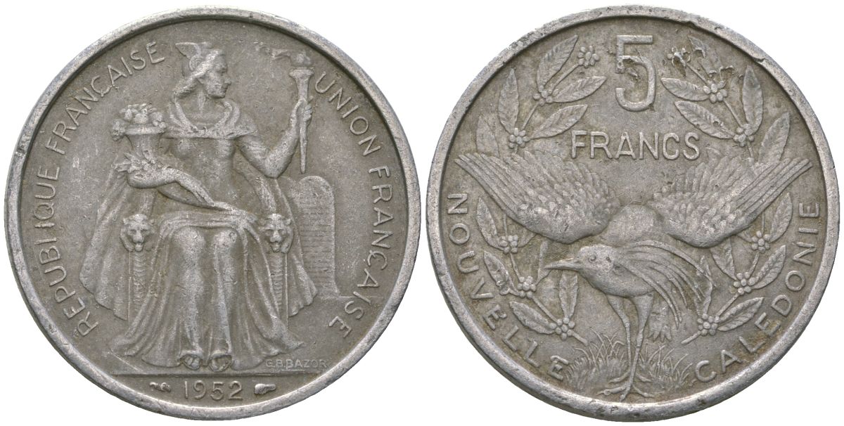 Французская Новая Каледония 5 франков 1952 птица кагу, (IEOM) KM 4, Schoen 4, Lec 71 алюминий 179-225