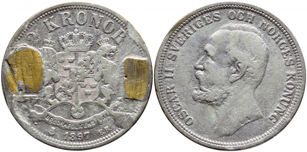 Швеция 2 кроны 1897 ЕВ, Оскар II (1872-1907) король Швеции и Норвегии, с напайкой KM 761 серебро 4403-1033