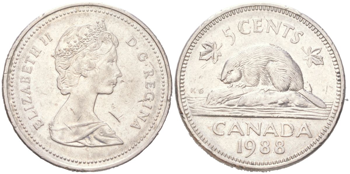Канада 5 центов 1988 Елизавета II, бобер KM 60.2a медно-никель 4611-524