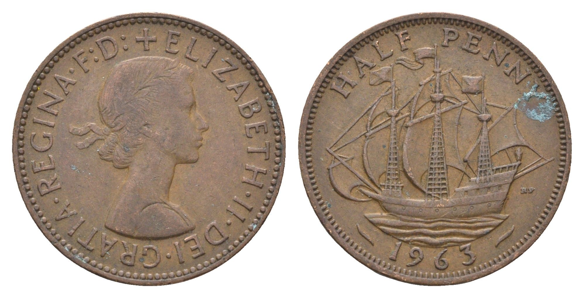 Великобритания 1/2 пенни 1963 Елизавета II (1952-2022) KM 896, Spink 4158 бронза 4662-1217