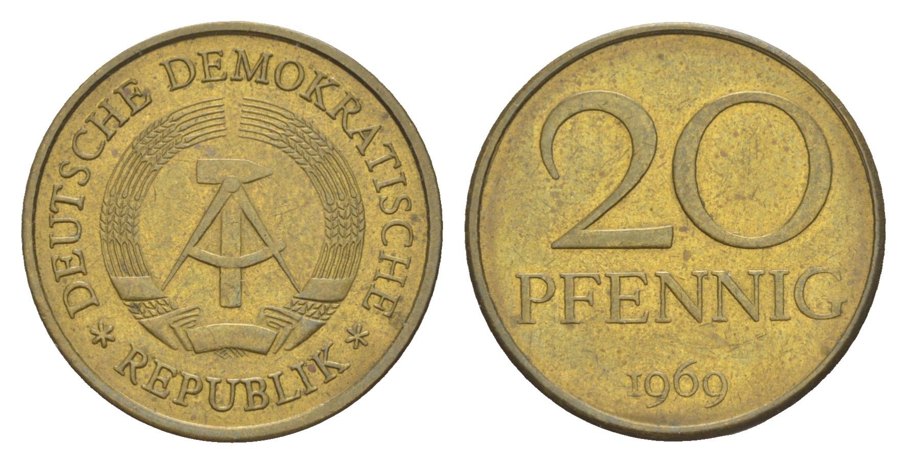 ГДР 20 пфеннигов 1969 А, первый год KM 11 латунь aUNC 4647-817