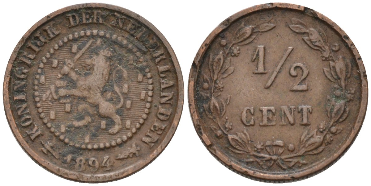 Нидерланды 1/2 цента 1894 Вильгельмина (1890-1948) KM 109 бронза 4576-312