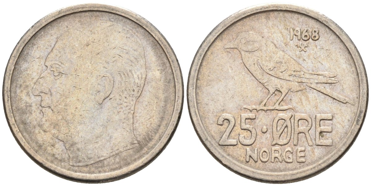 Норвегия 25 эре 1968 Улаф V (1958-1991), синица KM 407 медно-никель 4580-1037