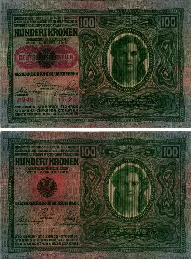Австрия 100 крон 1912 (1919) красная надпечатка на Pick 12, на аверсе Pick 56 a бумага 6312-68-1-2