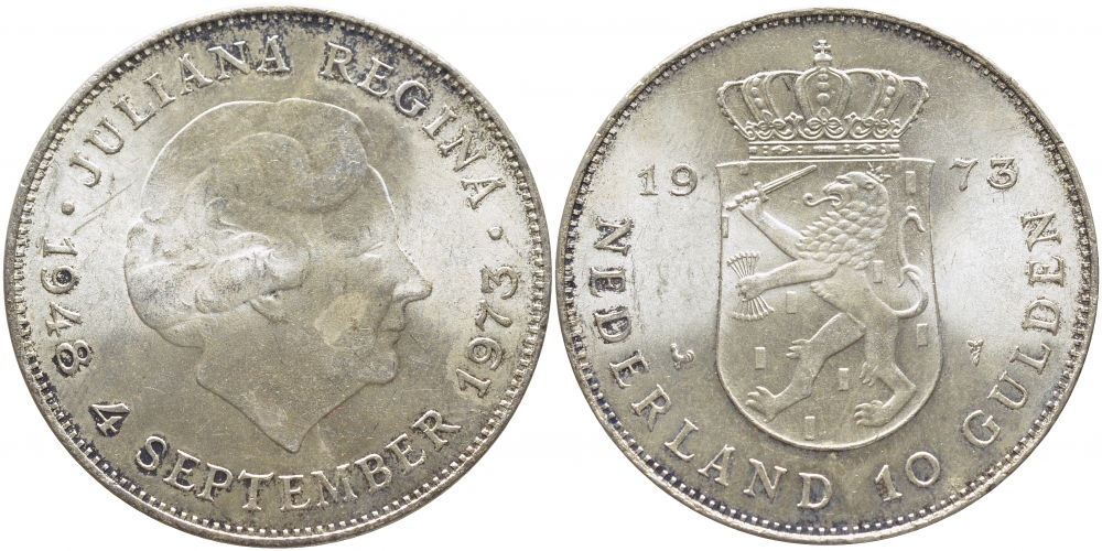 Нидерланды 10 гульденов 1973 25 лет правления королевы Юлианы KM 196 серебро 3896-1211
