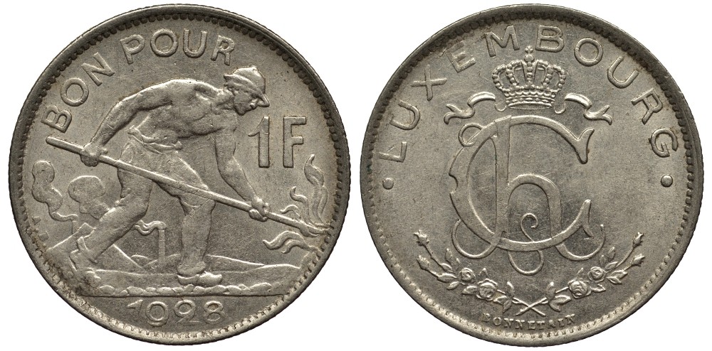 ЛЮКСЕМБУРГ 1 ФРАНК 1928 СТАЛЕВАР, ДИАМЕТР 22,8 ММ., ВЕЛИКАЯ ГЕРЦОГИНЯ ШАРЛОТТА (1919-1964) KM 35 никель 4538-912