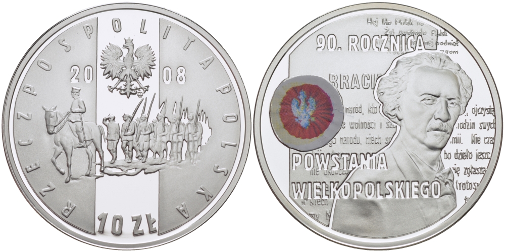 Польша 10 злотых 2008 MW, 90 лет Великопольского восстания, Игнаций Ян Падеревский, цветная эмаль KM 661 серебро PROOF 06-245-46