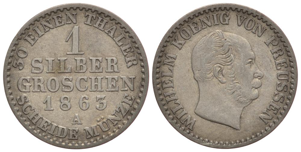 ПРУССИЯ 1 ГРОШ 1863 A KM 485 серебро 1522-1134
