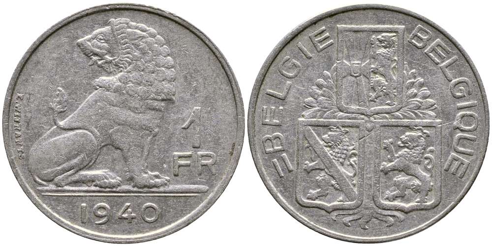 БЕЛЬГИЯ 1 ФРАНК 1940 BELGIE-BELGIQUE KM 120 никель 4383-352
