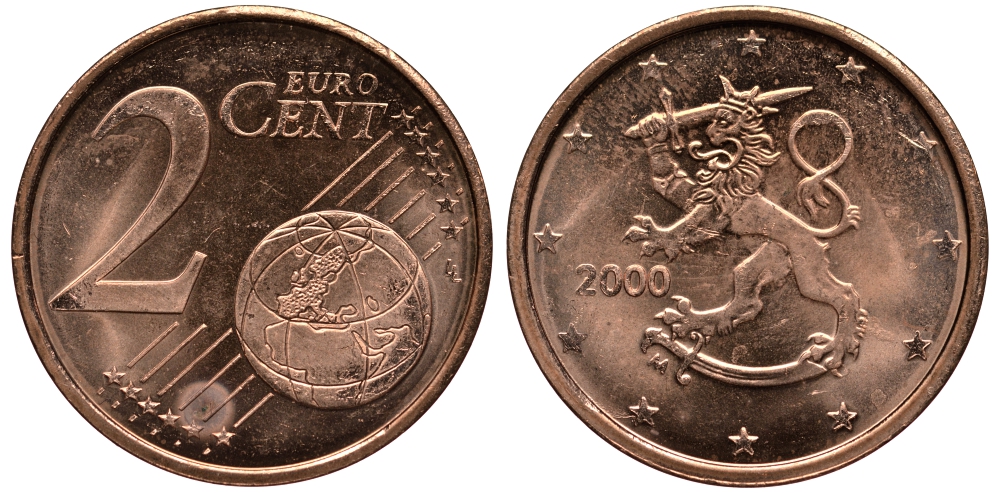 ФИНЛЯНДИЯ 2 ЕВРОЦЕНТА 2000 KM 99 сталь плакированная медью UNC 4181-461