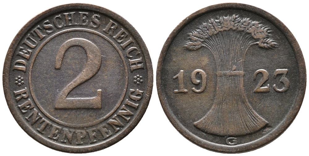 ГЕРМАНИЯ 2 РЕНТЕНПФЕННИГА 1923 G KM 31, J. 307 бронза 24-356
