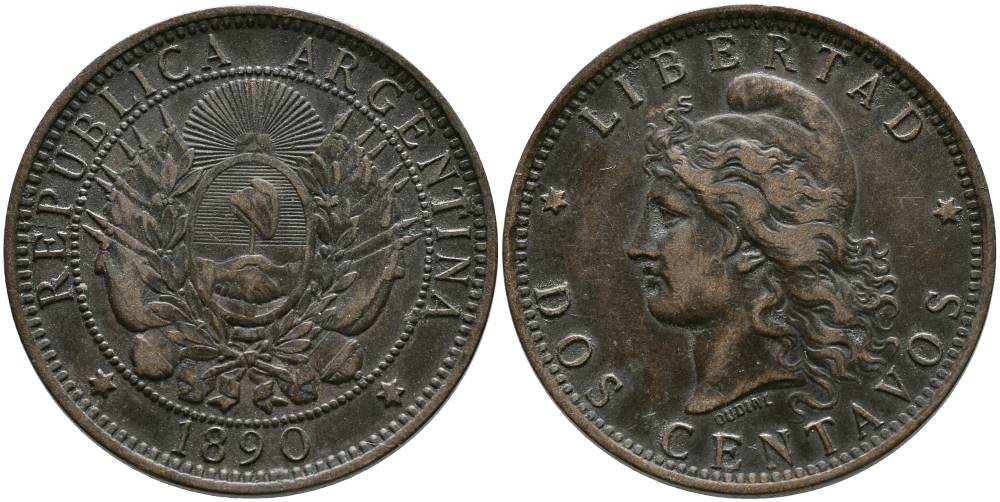 Аргентина 2 сентаво 1890 голова свободы влево KM 8 бронза 4531-925