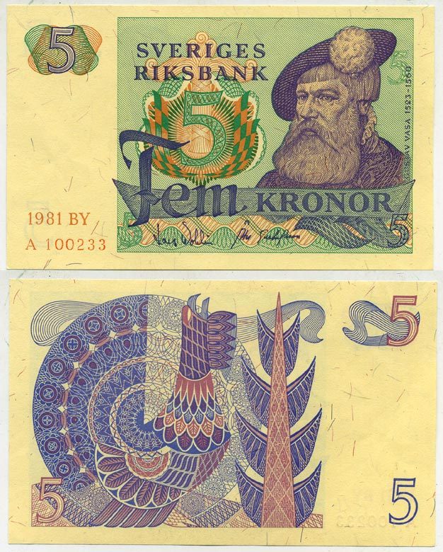 Швеция 5 крон 1981 BY, Густав I Ваза Pick 51d бумага aUNC 444-24-3