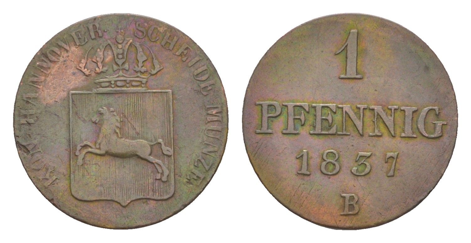 Ганновер 1 пфенниг 1837 B, Вильгельм IV (1830-1837) KM 166, AKS 84, J. 42 медь    1527-1112