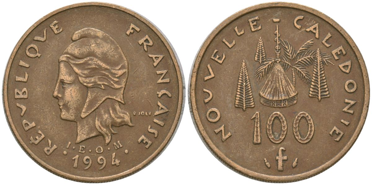 Французская Новая Каледония 100 франков 1994 хижина среди сосен и пальм, (IEOM) KM 15, Schoen 16, Lec 138 никель латунь 4140-832