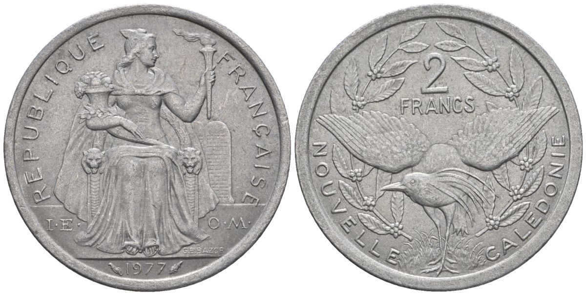 Французская Новая Каледония 2 франка 1977 птица кагу, (IEOM) KM 14, Schoen 11, Lec 58 алюминий    08-841