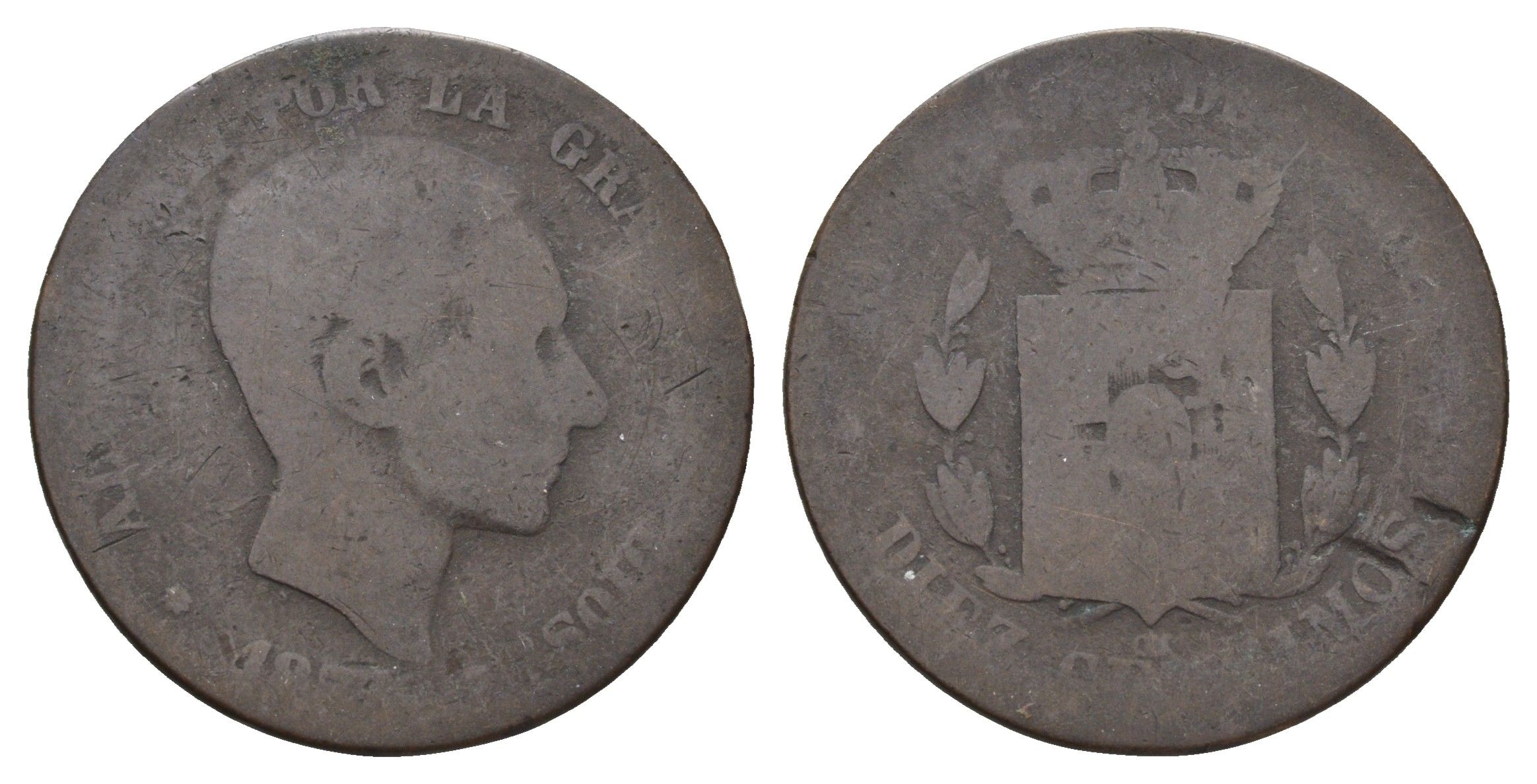 Испания 10 сентимо 1877 OM, Альфонсо XII (1874-1885) KM 675 бронза 4692-911