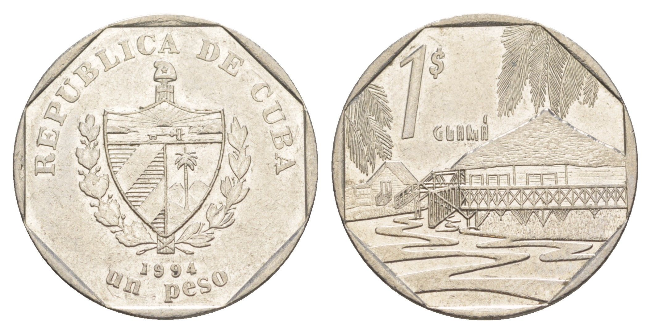 Куба 1 песо 1994 хижины Гуама KM 579 сталь плакированная никелем 4648-1144