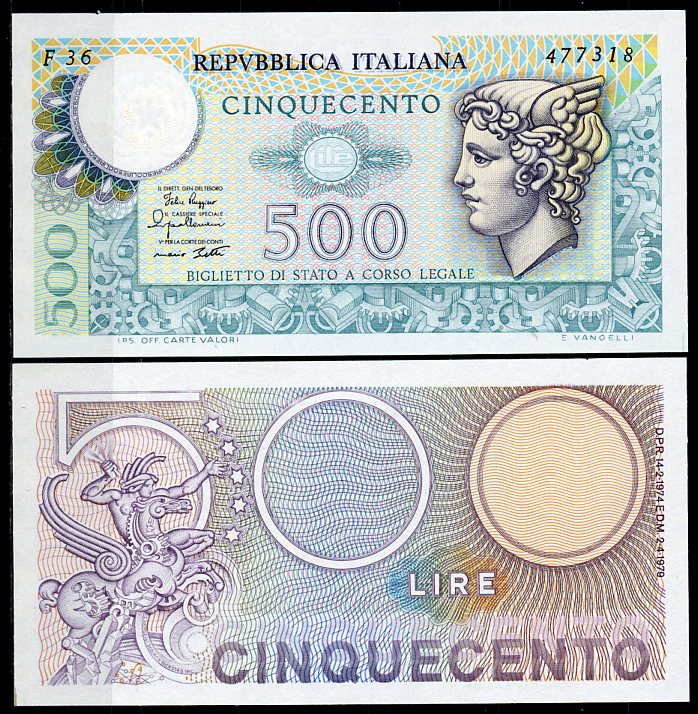 Италия 500 лир 1979 Меркурий Pick 94  бумага  UNC (пресс) 449-92-4