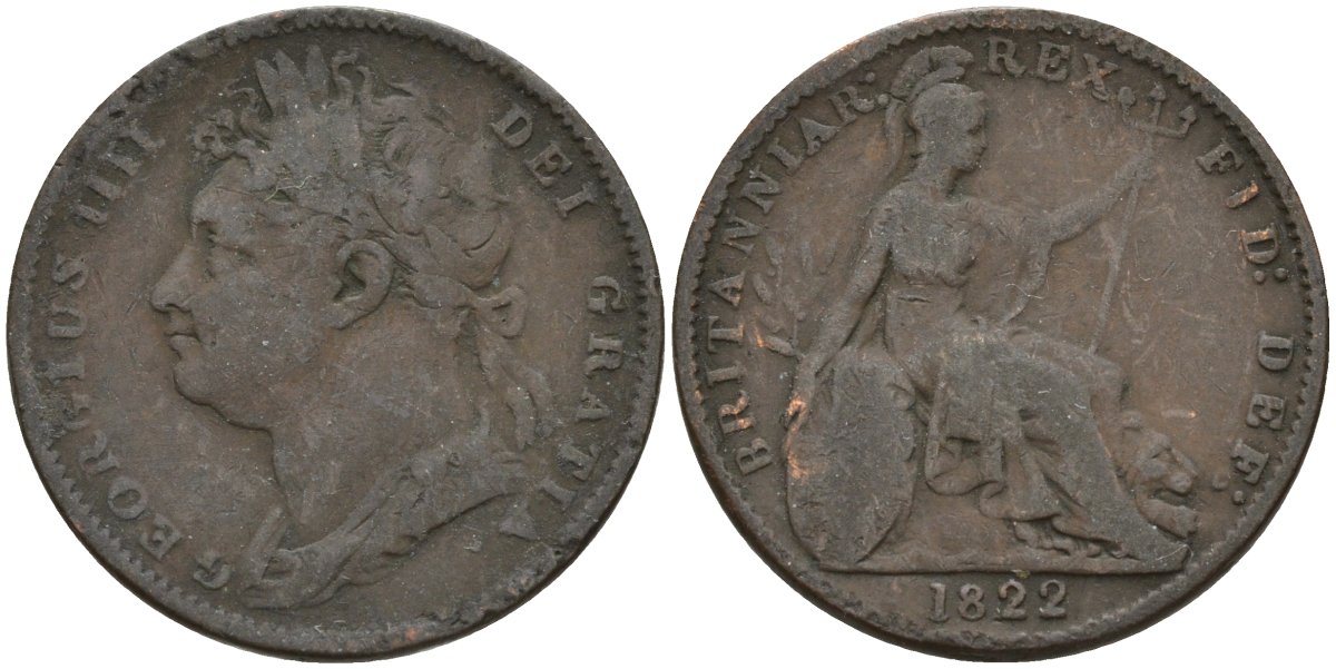 Великобритания 1 фартинг 1822 Георг IV (1820-1830) KM 677, Spink 3822 медь 4146-411