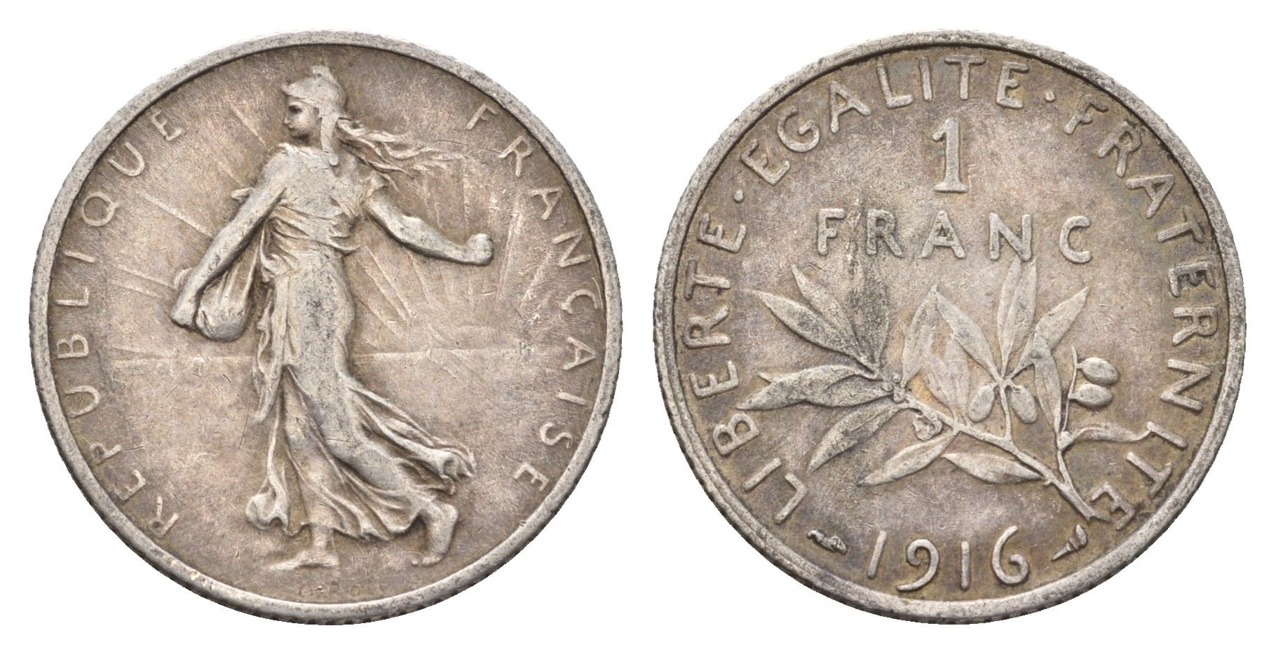 Франция 1 франк 1916 KM 844 серебро 93-246