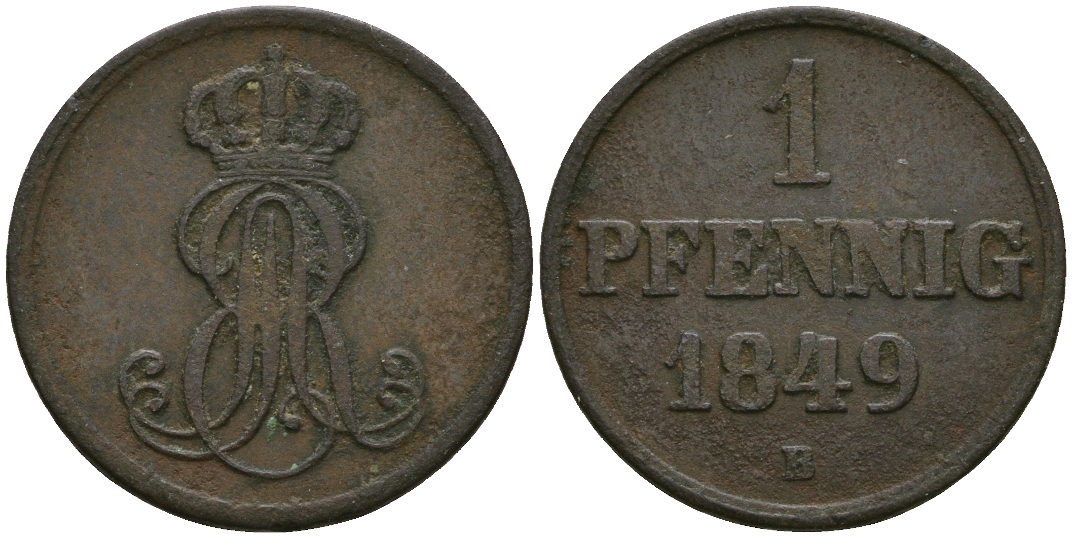 Ганновер 1 пфенниг 1849 B, Эрнст Август (1837-1851) KM 201.1, AKS 129, J. 74 медь 4608-1025