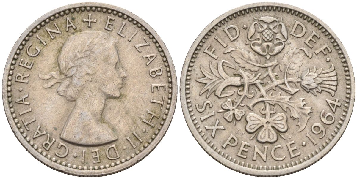 Великобритания 6 пенсов 1964 Елизавета II (1952-2022) KM 903, Spink 4149 медно-никель 4154-245