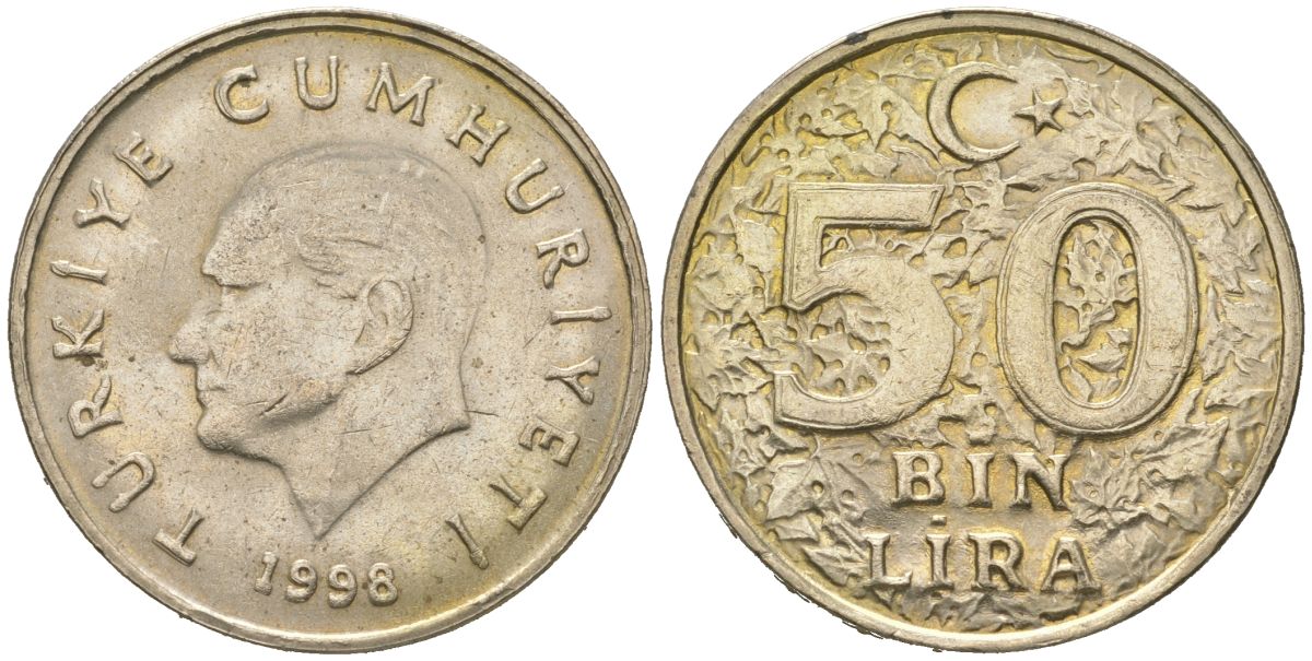 Турция 50000 лир 1998 Мустафа Кемаль Ататюрк KM 1056 медь цинк никель 4619-757