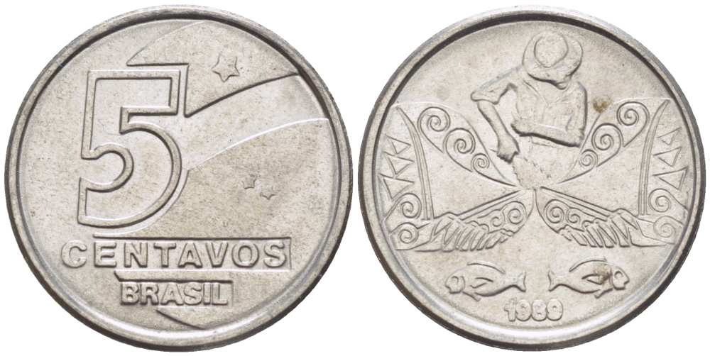 БРАЗИЛИЯ 5 СЕНТАВО 1989 РЕФОРМА 1989-1990 KM 612 нержавеющая сталь 105-557