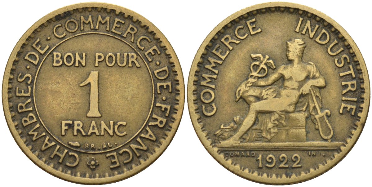 Франция 1 франк 1922 KM 876, Le Franc 218.5 алюминиевая бронза 4142-644