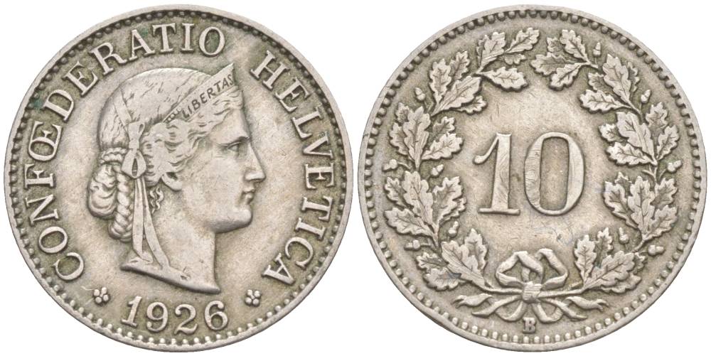 ШВЕЙЦАРИЯ 10 РАППЕНОВ 1926 В KM 27 медно-никель 3309-368