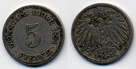 ГЕРМАНИЯ 5 ПФЕННИГОВ 1894 A, KM 11, J. 12 медно-никель 51-5253
