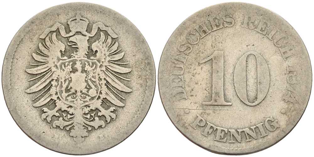 ГЕРМАНИЯ 10 ПФЕННИГОВ 1874 B, СТАРОГЕРБОВКА KM 4, J. 4 медно-никель 4401-227