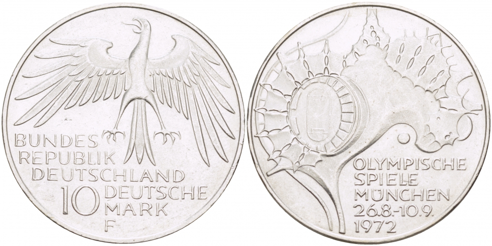 ФРГ 10 МАРОК 1972 F, ОЛИМПИАДА, СТАДИОН KM 133, J.404 серебро UNC 4127-123