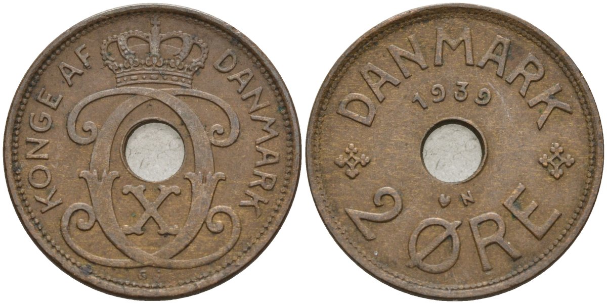 Дания 2 эре 1939 Кристиан X (1912-1947) KM 827 бронза 4147-537