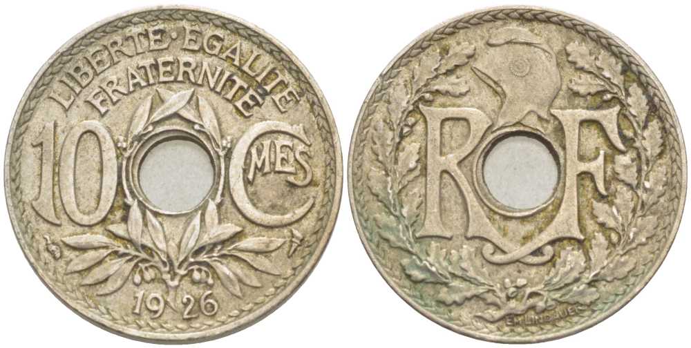 ФРАНЦИЯ 10 САНТИМОВ 1926 ТИП ЛИНДАЙЁ KM 866а, LE FRANC 138.13 медно-никель 175-317