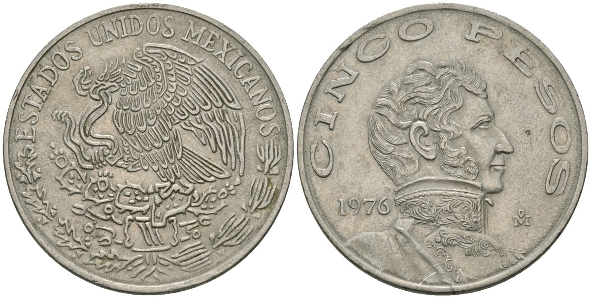 Мексика 5 песо 1976 Винсенте Герреро, LARGE DATE KM 472 медно-никель 81-543