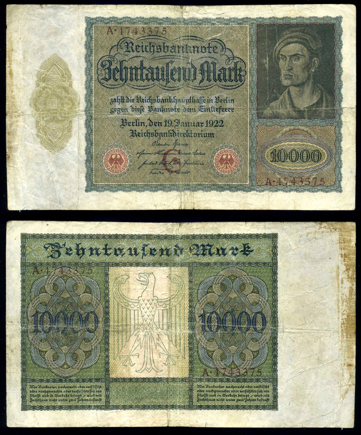 Германия 10000 марок 1922 Альбрехт Дюрер, серия A, литера G Pick 70, Розенберг 68а  бумага   8618-37-1-2