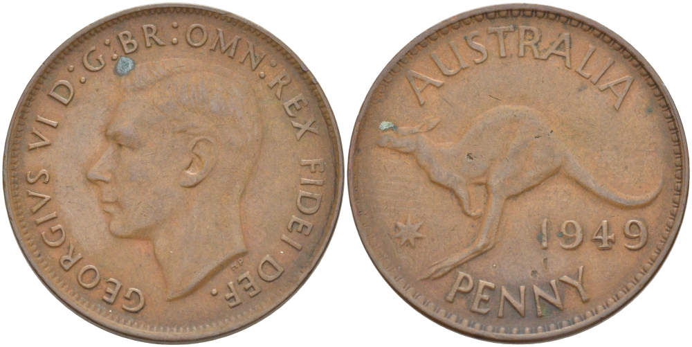АВСТРАЛИЯ 1 ПЕННИ 1949 ГЕОРГ VI KM 43 бронза 3996-124