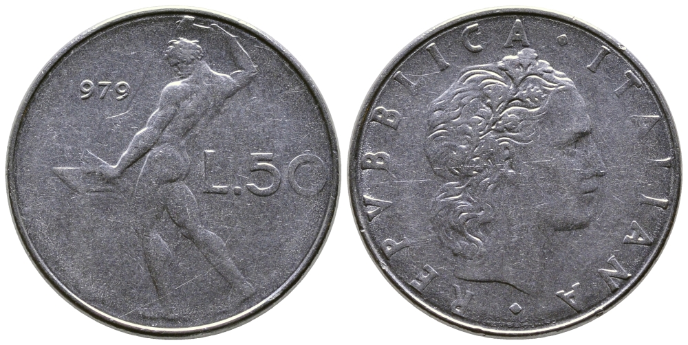 Италия 50 лир 1979 R, бог огня Вулкан у наковальни KM 95.1 нержавеющая сталь    4606-141