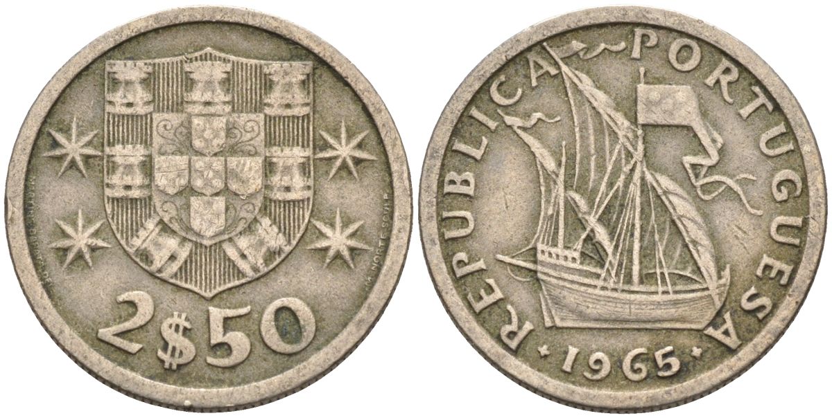 Португалия 2,5 эскудо 1965 парусник KM 590 медно-никель 4115-462