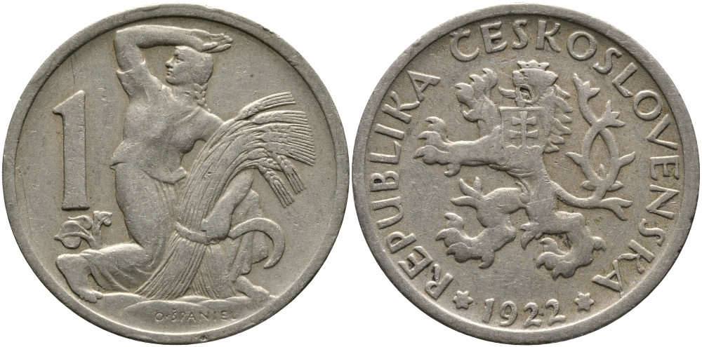 Чехословакия 1 крона 1922 женщина со снопом и серпом KM 4 медно-никель 4610-724