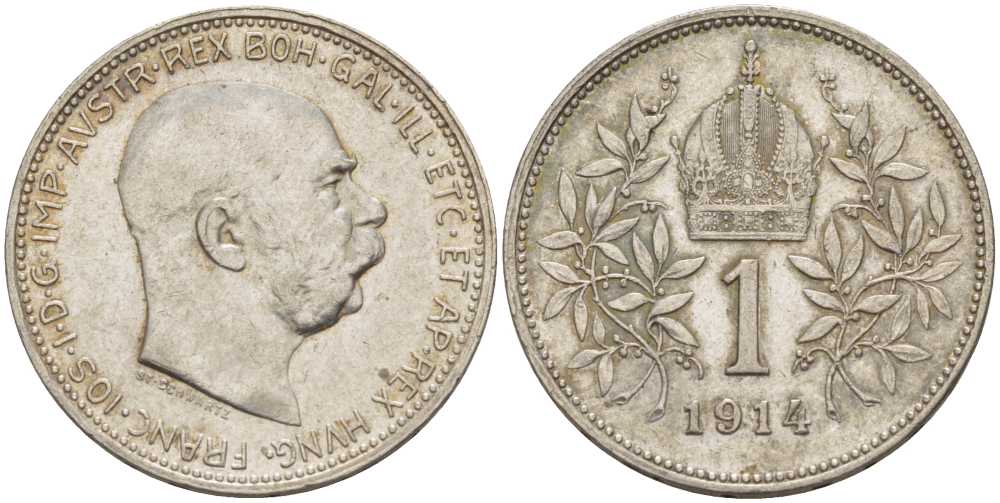 АВСТРИЯ 1 КОРОНА 1914 ФРАНЦ ИОСИФ KM 2820 серебро 61-934