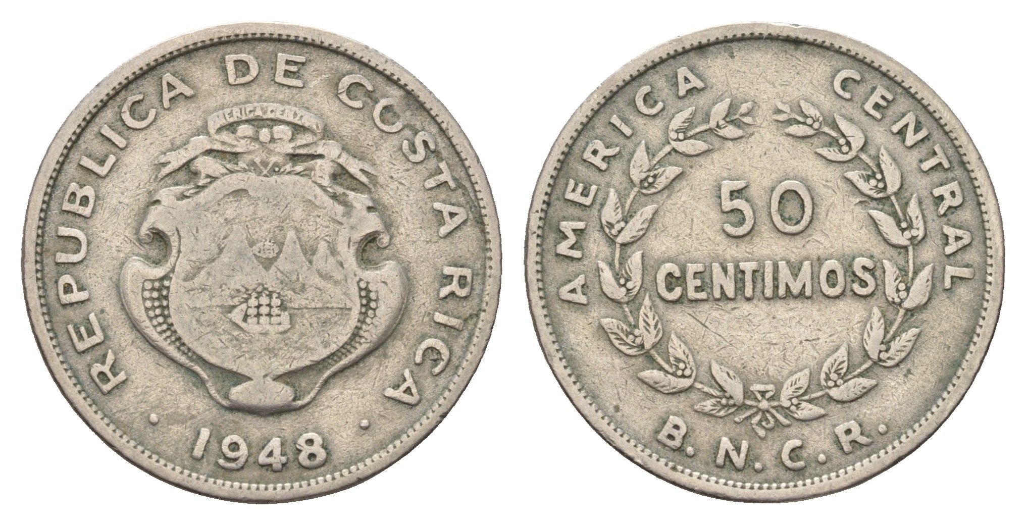 Коста-Рика 50 сентимо 1948 диаметр 26 мм, год-тип KM 182 медно-никель 4657-717