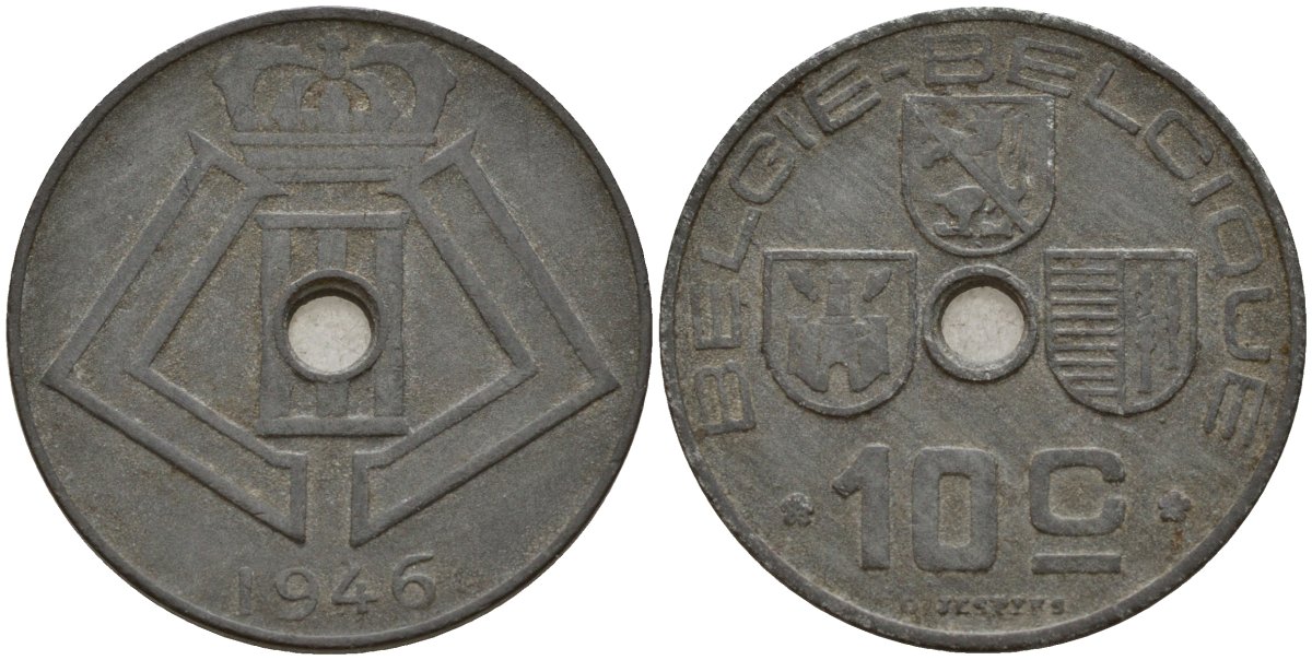 Бельгия 10 сантимов 1946 Belgie - Belgique, Леопольд III (1934-1947), германская оккупация, Вторая мировая война KM 126 цинк 4161-355