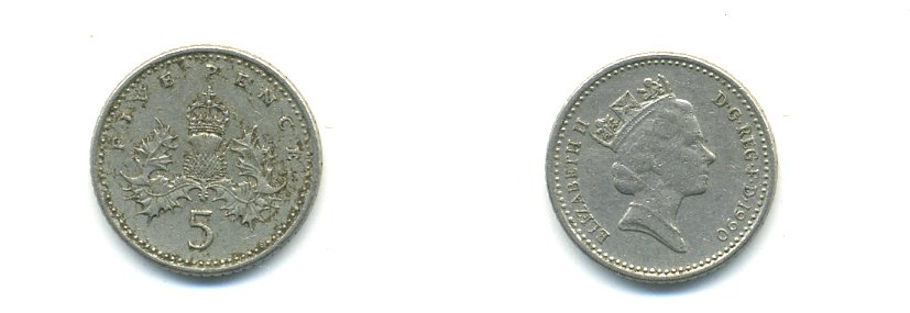 Великобритания 5 пенсов 1990 Елизавета II (1952-2022) KM 937b, Spink 4372 (D4) медно-никель 59-545